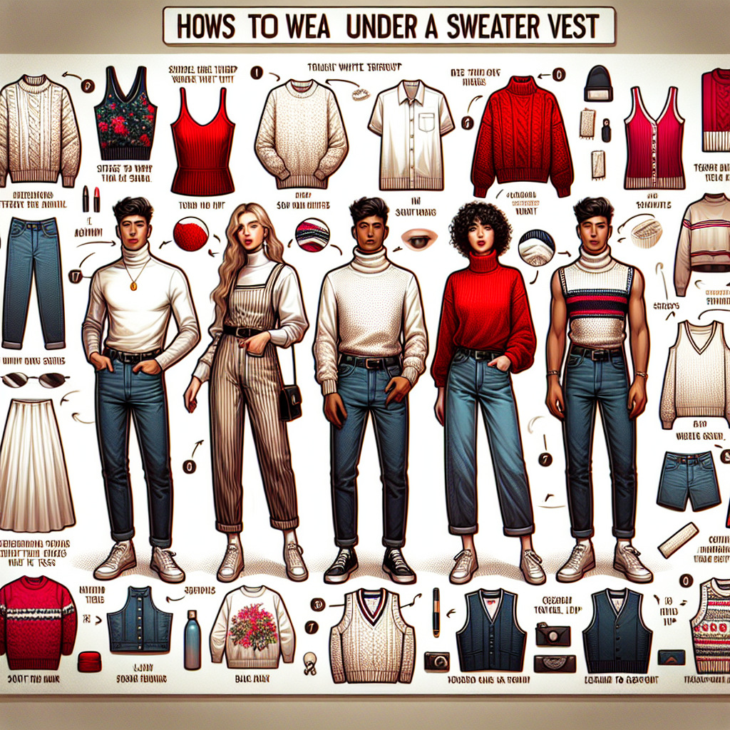 A highly detailed fashion guide spread showcasing different clothing items to wear under a sweater vest, aimed at illustrating must-have tips. The layout should include an array of trendy shirts for both genders including a classic white button-up worn by a Caucasian male, a vibrant red turtleneck presented on a Black female, a casual striped t-shirt on a South Asian man, and a flowy floral blouse on a Hispanic woman. Each outfit should be paired with a complementing sweater vest. There should be stylish accessories, annotations, and labels providing essential dressing tips.