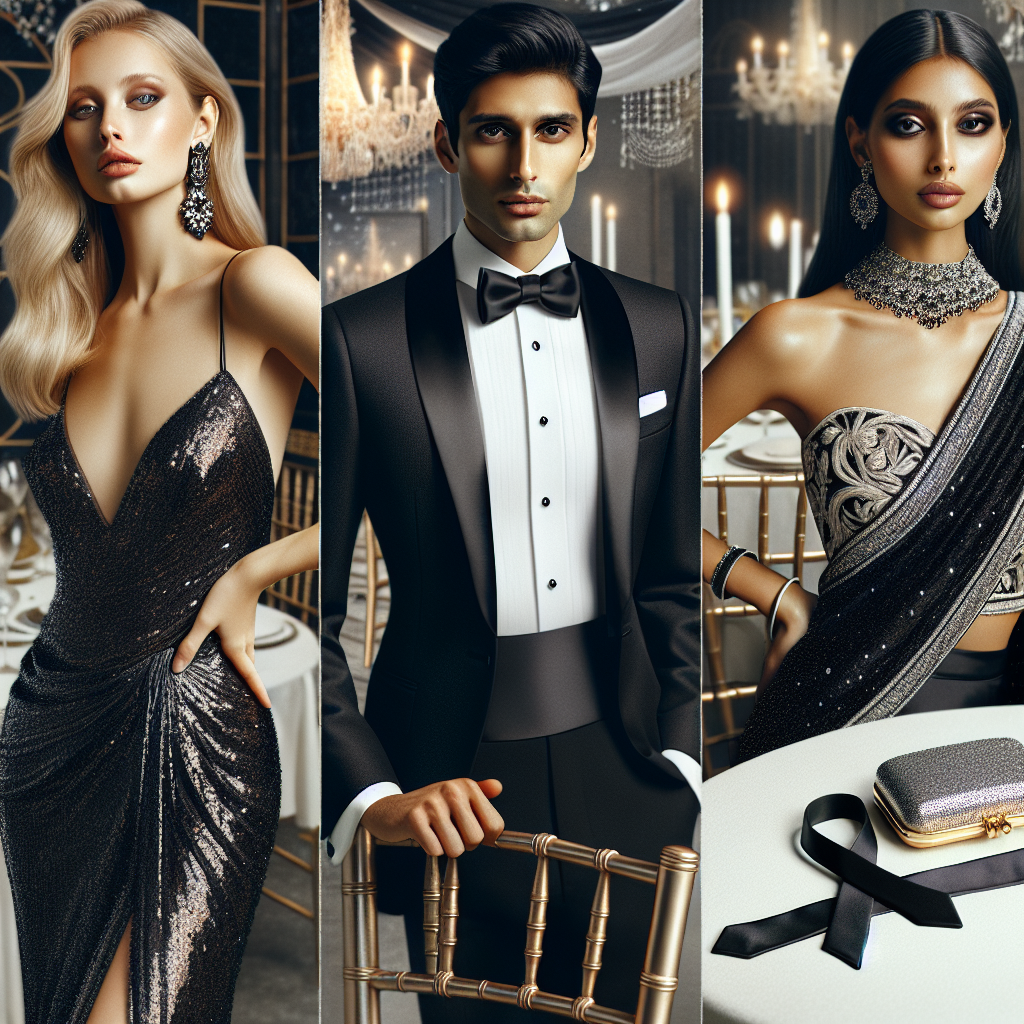 Women's Guide to Dazzling Black Tie Wedding Attire A stylish guide to women's black tie wedding attire featuring a Caucasian woman gracefully posing in a shining black evening gown, a Middle-Eastern woman showcasing her sleek black tuxedo with a bow tie, alongside a South Asian woman modelling a sophisticated black sari with silver embellishments. It has a classy background hinting at a glamorous evening event with a chandelier, golden chairs, and banquet tables covered with white cloth. On a nearby table, a black tie lies decoratively next to a silver clutch bag, to complete the theme.