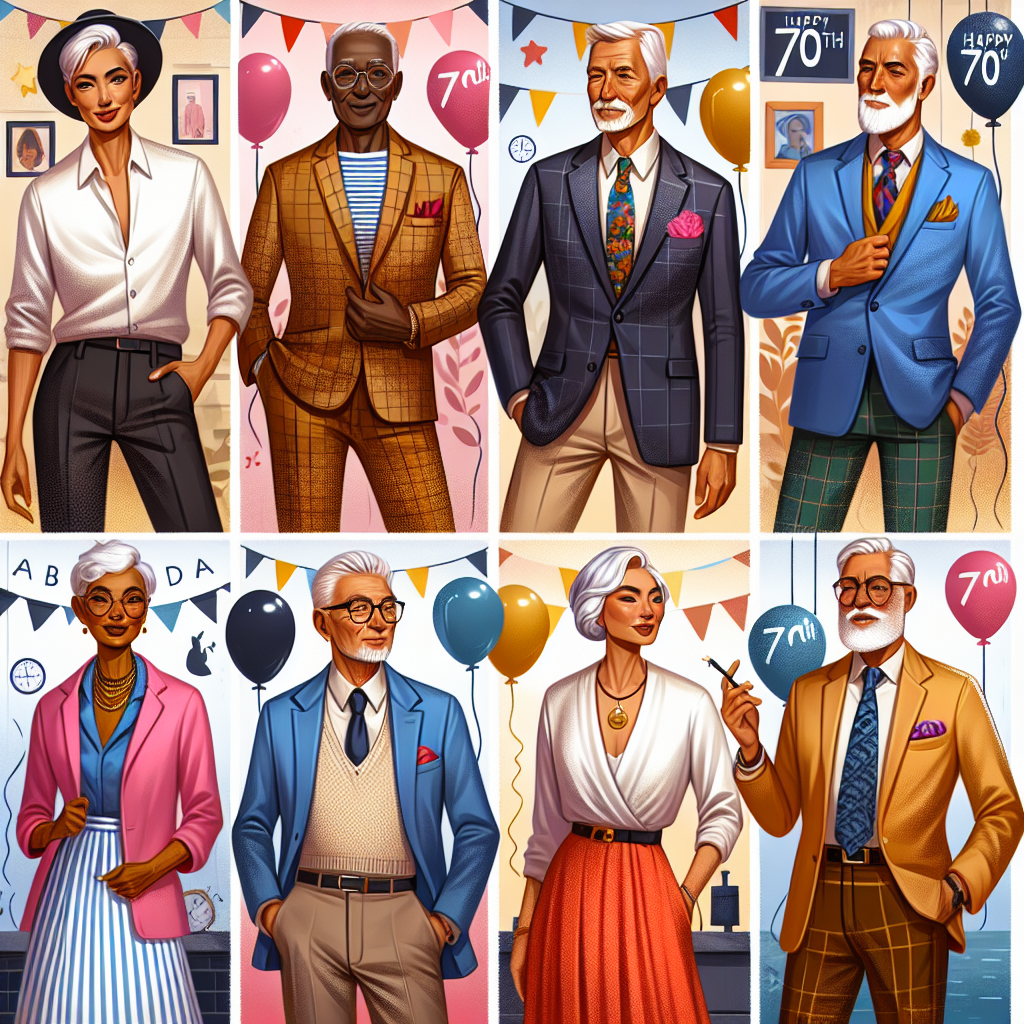 Exclusive Outfits for a Memorable 70th Birthday Bash A collection of distinct outfits designed for a memorable 70th birthday bash. The image should feature six different looks tailored for a celebration. Each look is worn by a stylish senior citizen of diverse descent including Caucasian, Asian, Black, Hispanic, Middle Eastern, and South Asian. Outfits should reflect a range of styles, from classy and sophisticated, to playful and bright, showing a spectrum of fashion sense. The background of the image should illustrate a party scene, with birthday decorations, colorful balloons, and a banner saying 'Happy 70th Birthday'. Ensure gender diversity with an equal mix of men and women.