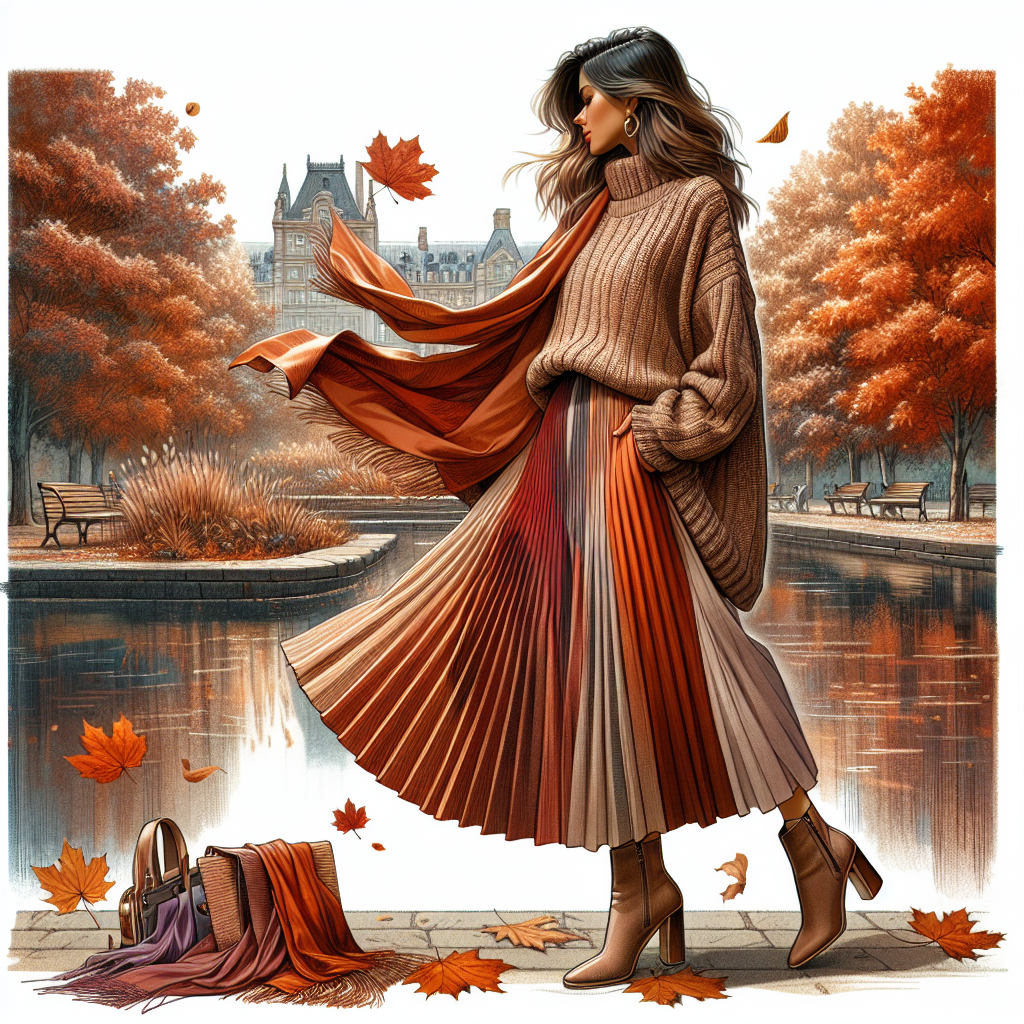 What to Wear on a Fall Day: Chic, Effortless Styles! Create a detailed image showcasing a fashionable autumnal scene. In the foreground, depict a South Asian woman donning trendy, effortless fall attire - a cozy oversized sweater, a pleated midi skirt, ankle boots, and a silk scarf waving gently in the cool breeze. Her attire color palette is inspired by the fall season, with shades like burnt orange, deep browns, maroons, and golds. In the background, paint a scenic urban park that's colored with fall foliage. There are leaves of varying shades of red, orange and yellow, falling gently to the ground. The scene conveys the energy and charm of an ideal fall day.