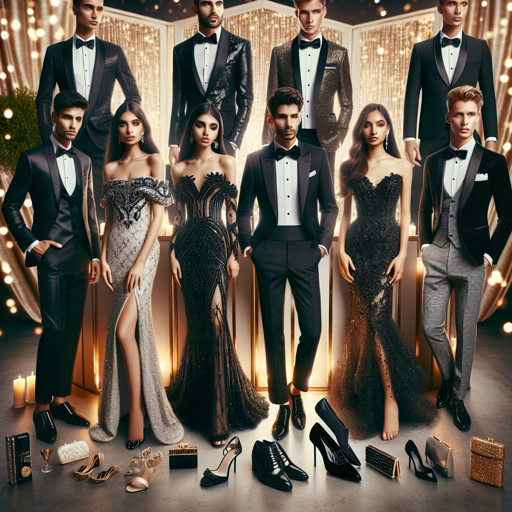 Stunning Black Tie Attire: Dress Flawlessly for a Bat Mitzvah A sophisticated and high-resolution image showcasing a collection of Black Tie attire fitting for a Bat Mitzvah celebration. The display should consist of stylish tuxedos with bow ties, elegant gowns detailed with beadwork and various accessories including shoes and clutch purses. Diversely, include a Middle-Eastern man in a sleek, black tuxedo with a shiny lapel, a Hispanic woman in a floor-length, off-the-shoulder gown with intricate beadwork, a South Asian woman in a form-fitting dress complemented by high-heels, and a Caucasian man in a three-piece suit complete with a vest and a well-knotted bow tie. A bright and festive backdrop, reflecting the spirit of the Bat Mitzvah, should surround the attendees.
