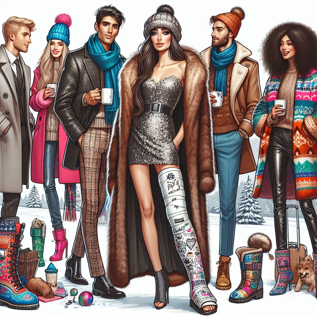 Must-Have Winter Styles for Charity Fundraisers with a Leg Cast Imagine a fashionable winter scene with vibrant clothing styles appropriate for a charity fundraiser. Several individuals are in the scene, all well-dressed for the occasion. A Caucasian woman in a faux fur coat with a sparkling dress can be seen, she has a cast on her leg, decorated with stylish doodles and signs of well wishes. A Middle-Eastern man is next to her, handsomely dressed in a heavy wool coat, stylish scarf, and winter hat. A group of South Asian and Black individuals are gathered nearby, laughing and drinking hot cocoa, all sporting winter styles, from colorful winter boots to statement jackets and cozy knitwear.