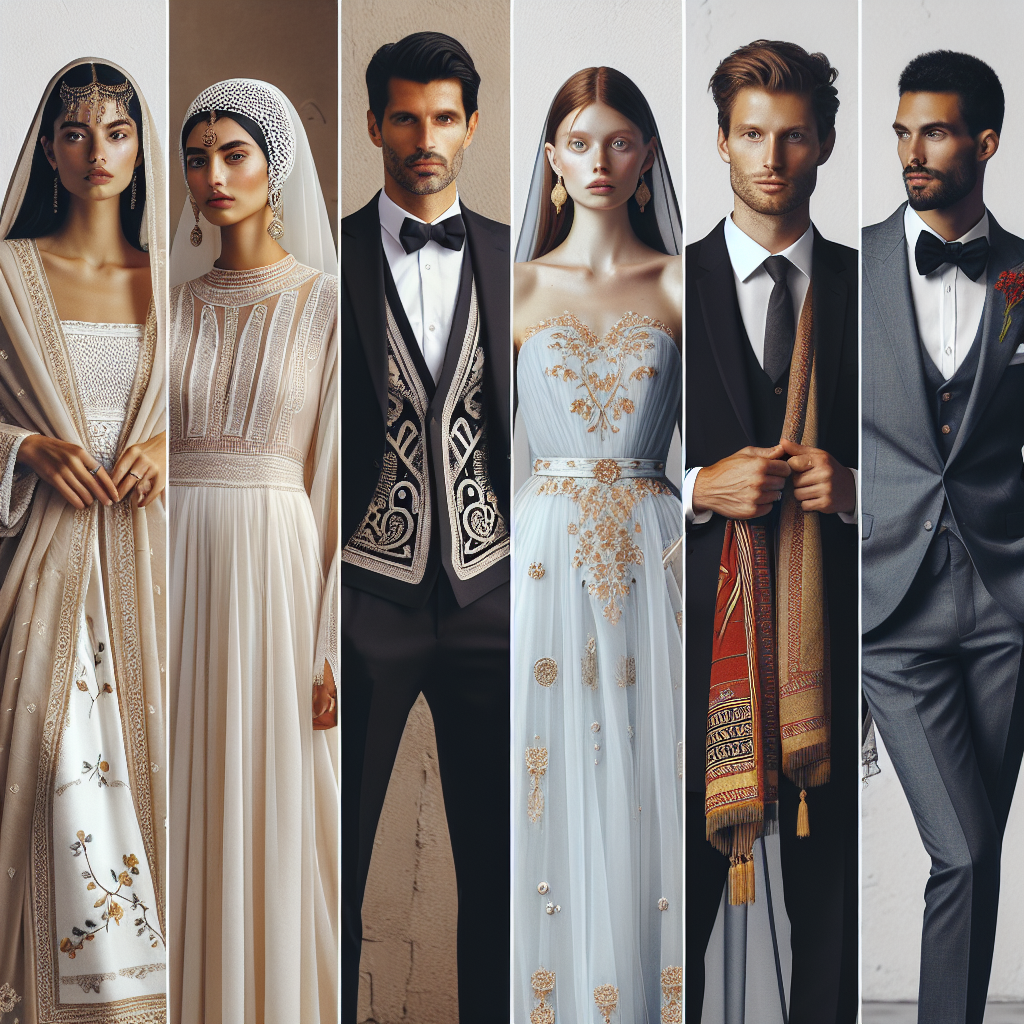 Seamlessly dive into the world of fashion and tradition with this stunning representation of Greek wedding attire. Visualize a South Asian bride in a cream-colored dress adorned with intricate lacework and a Middle-Eastern groom in a traditional Greek foustanella. Furthermore, there's a Caucasian woman showcasing an elegant pale blue stola with gold embellishments, harmoniously marrying contemporary style with traditional motifs. In another corner, a Black man exudes charm in a chic dark suit complemented with a red vr&aacute;ka. See guests from diverse cultures combining their unique styles with traditional Greek wedding attire, celebrating unity in diversity.