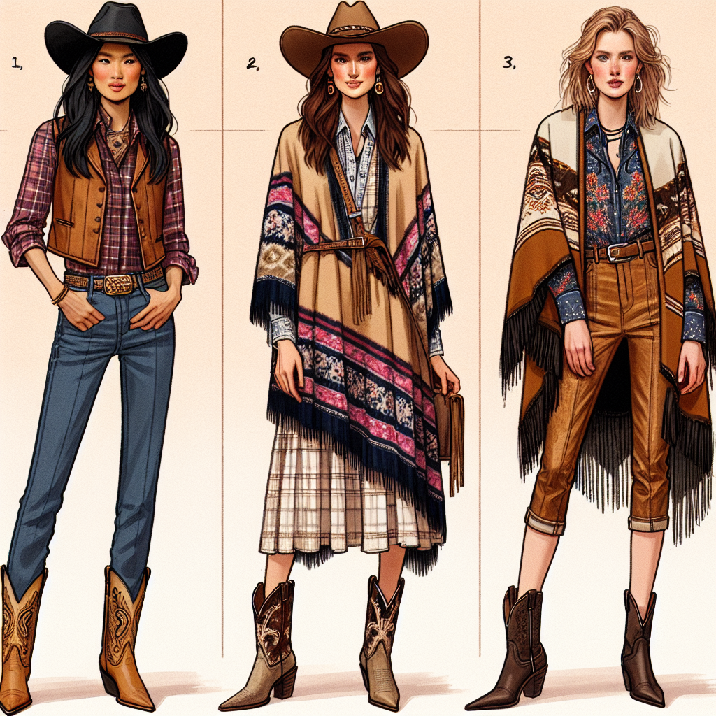 Stunning Rodeo Looks: Must-Have Styles for Women Create an image featuring three women standing confidently at a rodeo in unique attire. The first woman should be South Asian and wearing a stylish cowgirl outfit, complete with a leather vest and jeans, a plaid shirt, a cowboy hat, and leather boots. The second woman, of Hispanic descent, should wear a prairie-inspired dress layered with a boldly patterned poncho and cowboy boots. The third woman, who is of Middle-Eastern descent, should be clad in a modern, chic interpretation of the rodeo look, complete with fringed leather pants, an embroidered jacket, and suede ankle boots.