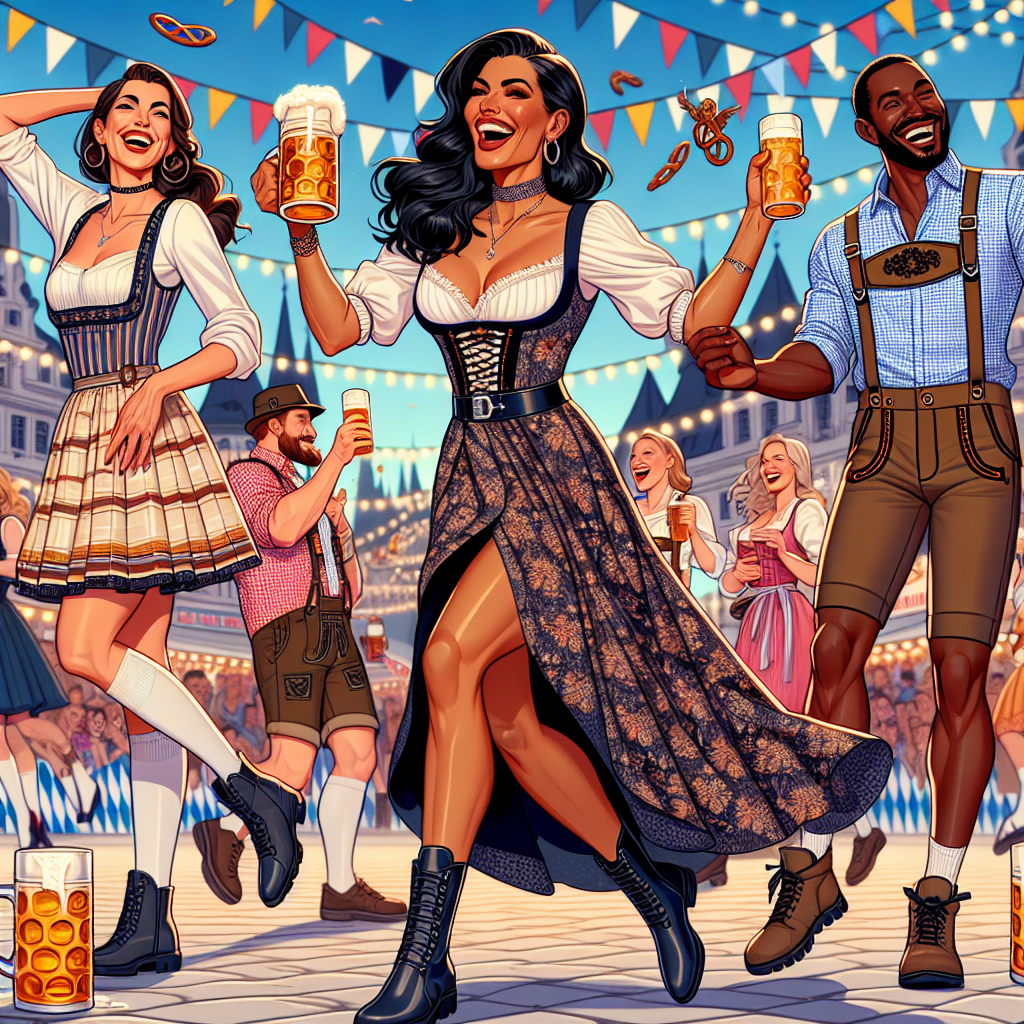 Create a detailed and vivid image illustrating a stylish Oktoberfest outfit that doesn't include a traditional Dirndl. This fashion-forward ensemble might include a patterned blouse, a high-waisted skirt, and comfortable boots for walking. In the scene, a confident, middle-aged Hispanic woman is joyously raising a glass of beer, while a black man in his twenties wearing a similar alternative Oktoberfest outfit, laughs heartily by her side. They are both amidst a lively Oktoberfest crowd, under streamers and fairy lights. Incorporate prominent Oktoberfest elements like beer steins, pretzels, and the Bavarian flag.
