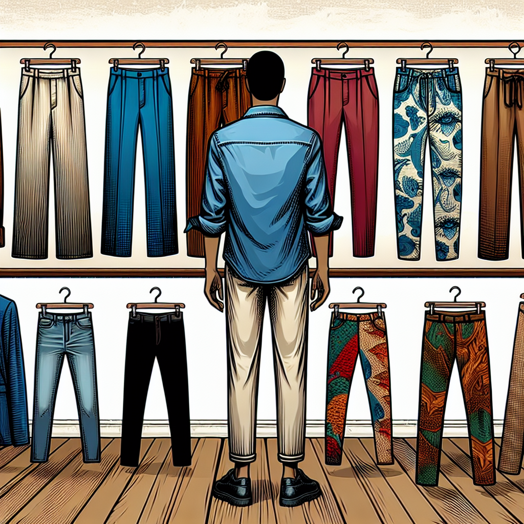 Visualize an array of appealing trousers that would beautifully compliment a denim shirt. Picture different styles, such as wide-legged pants, slim fit khakis, vibrant print leggings, and classic black trousers. The pants should come in an assortment of materials like corduroy, velvet, linen, and cotton. Show the trousers hanging next to a timeless denim shirt, emphasizing their different textures, colors, and patterns that offer variety and versatility to anyone's wardrobe.