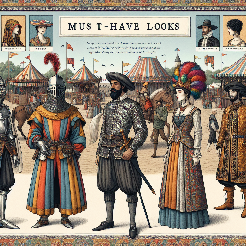 Create a digital guide highlighting must-have looks for a Renaissance Fair. The guide should showcase several attires, including the attire of a South Asian knight with a plume in his metal helmet, a Hispanic female jester with a multi-colored hat, and a Middle Eastern male merchant in a detailed brocade vest. Additionally, please craft the scenery to resemble a bustling fair in the Renaissance era with colorful tents, flags, and bustling crowds. Make sure to incorporate the aesthetic of realism, typical of artists in the Renaissance era, focusing on depth, perspective, and attention to detail.