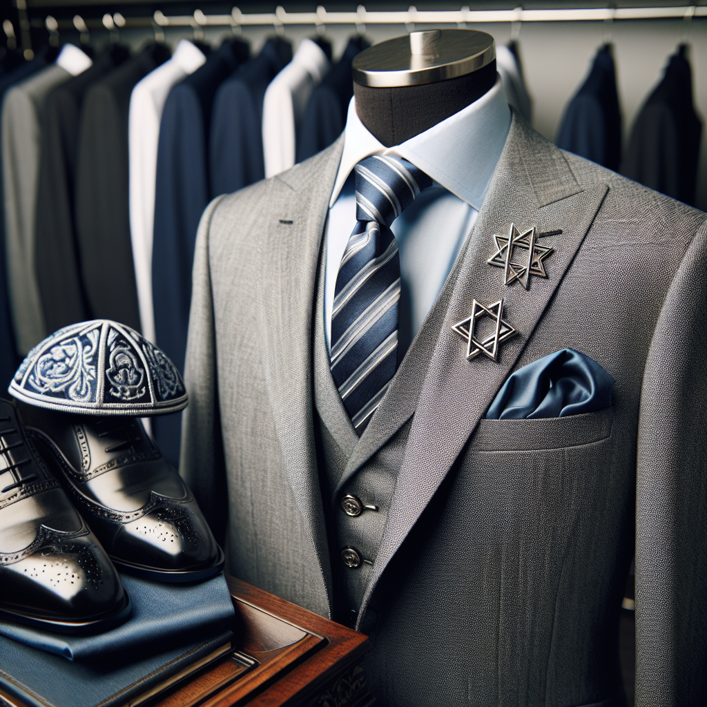 A detailed image of a stylish Bar Mitzvah outfit display. In the center, a finely tailored silver grey three-piece suit with a light blue shirt underneath. The tie is striped, featuring hues of blue and silver. On one side, a polished black leather shoe is displayed, along with a silver Star of David cufflink. Across is a silk navy blue Kippah adorned with intricate embroidery. The setting around these items gives the impression of a high-end boutique with organized racks of similarly elegant formal wear in the muted background.