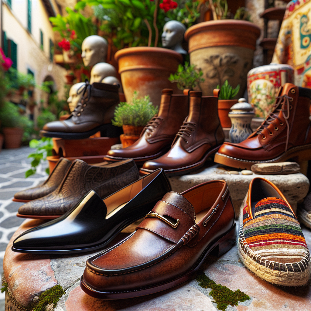 An aesthetic display of various types of shoes arranged in vibrant Italian style. A pair of meticulously crafted brown leather loafers in the foreground, recognized as a staple of Italian fashion. Nearby, a pair of polished black stilettos, a testament to chic elegance. In the background, distinctive hiking boots hint at the country's scenic mountain trails. Tucked to the side, colorful espadrilles embody the coastal casual vibe. The setting is a charming and rustic Italian cobblestone street, adorned with flourishing green plants in aged terracotta pots, under the warm Mediterranean light.