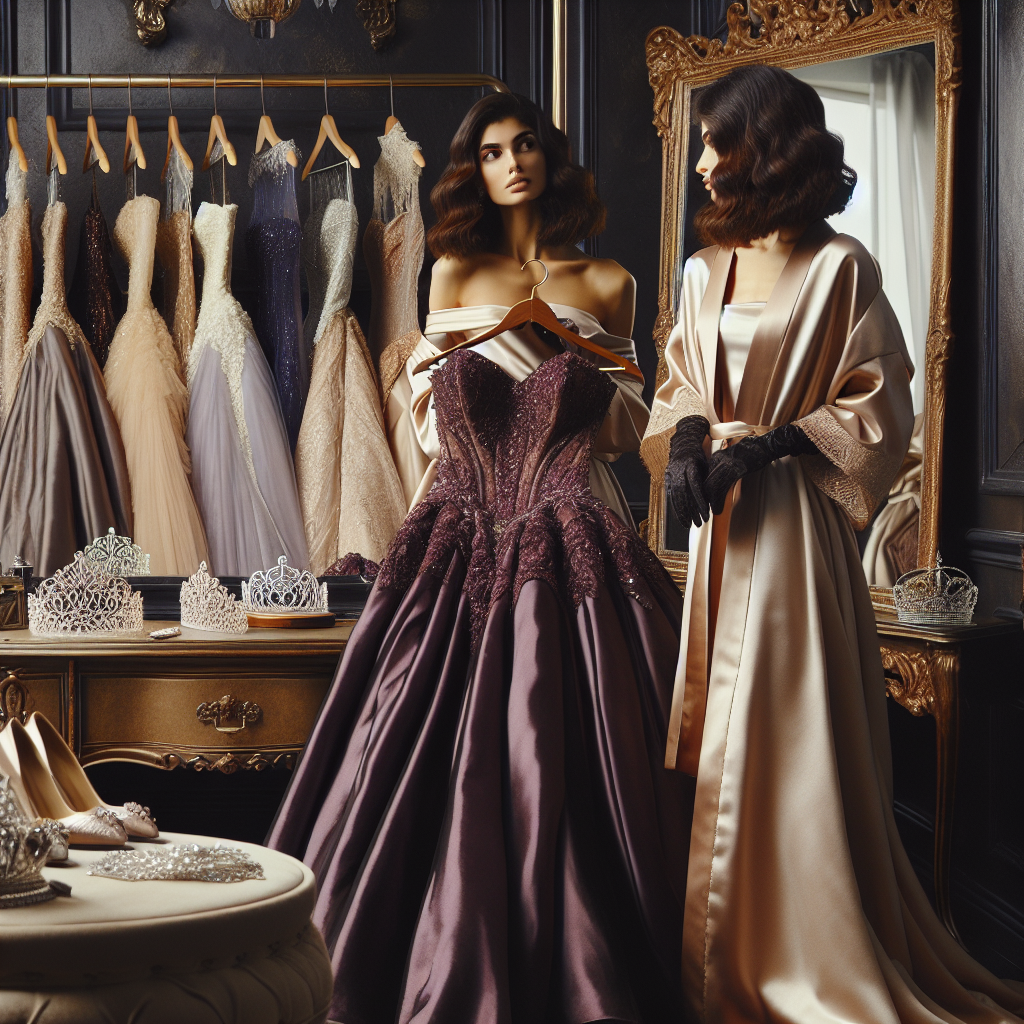 Create an elegant and detailed scene in a luxurious dressing room. Include a wide vintage mirror reflecting an assortment of ball gowns hanging, each of exquisite and varied design. Display a table beside the mirror featuring accessories like gloves, tiaras, and elegant shoes. Have a South Asian woman with medium-length wavy hair, draped in a elegant satin robe, standing in front of the mirror, holding a glorious dark purple ball gown in one hand and a shimmering silver one in the other, looking thoughtful. Showcase the anticipation and excitement of getting dressed for a ball.
