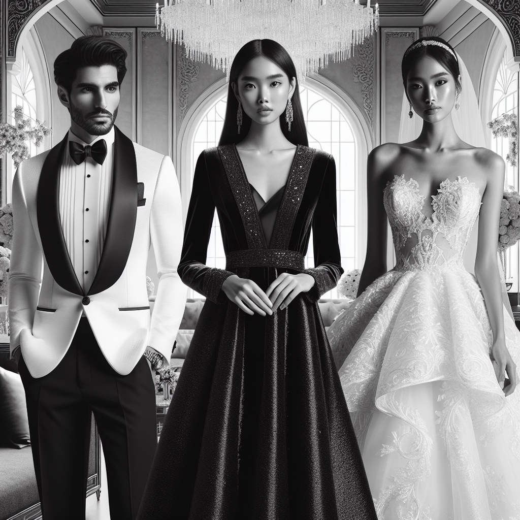 Must-Have Outfits for a Black & White Wedding Visualize a curated collection of must-have wedding attire in black and white. On the left, exhibit a Middle-Eastern gentleman dressed in a tailored white tuxedo with black lapels, exuding classic sophistication. Next, position an Asian woman in an elegant black velvet evening gown with sequin detailing, radiating elegance. Finally, on the right place a Caucasian woman in a pristine white wedding dress, fully adorned with intricate lace detailing. With a background of a beautifully decorated indoor wedding venue with monochrome aesthetics to perfectly complement the attire.