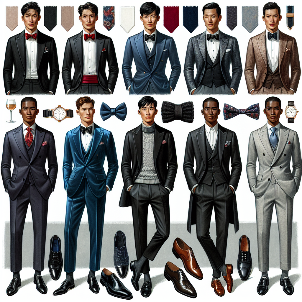 Must-Have Outfits for Men at Fancy Dinners Visualize a fashion spread showcasing a variety of must-have outfits perfect for men at fancy dinners. Include an elegant black suit worn by a Caucasian man, complete with a crisp white shirt, red bowtie, and polished shoes. Depict an Asian man in a blue velvet dinner jacket, paired with black trousers, a ruffled white shirt, and elegant cufflinks. Show a Black man wearing a modern grey tuxedo with a satin shawl lapel, matched with a black turtleneck, and shiny patent loafers. Lastly, feature a Hispanic man in a classic double-breasted suit, styled with a pastel dress shirt, richly patterned tie, and brown brogues. Each outfit should be complemented by appropriate accessories, such as pocket squares, tie bars, and wristwatches.