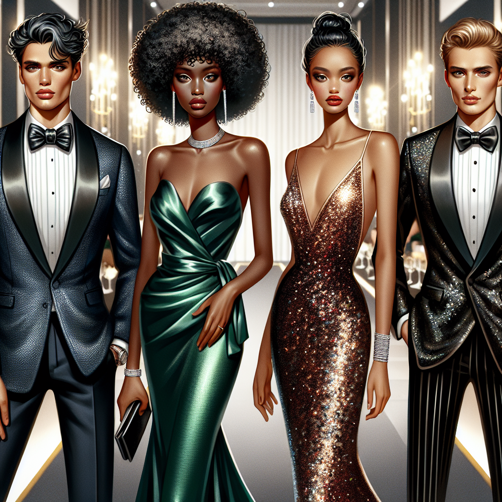 Imagine a luxe gala event brimming with elegance. Let's focus on four distinctive attendees, each with incredible fashion tastes that never fail to make a grand first impression. A Hispanic man is donning a sharp midnight-blue tuxedo, with a shimmering silver bow tie and cufflinks to match his grey, wavy hair. A Black woman is adorned in a splendid emerald silk gown that accentuates her lean figure complemented by her afro hairstyle. An Asian woman is in a gorgeous sequined rose gold mermaid dress, accentuating her petite build, with her hair styled in an updo. Finally, a Caucasian man is in a classic black double-breasted suit paired with a red pocket square and his blonde hair perfectly combed back.