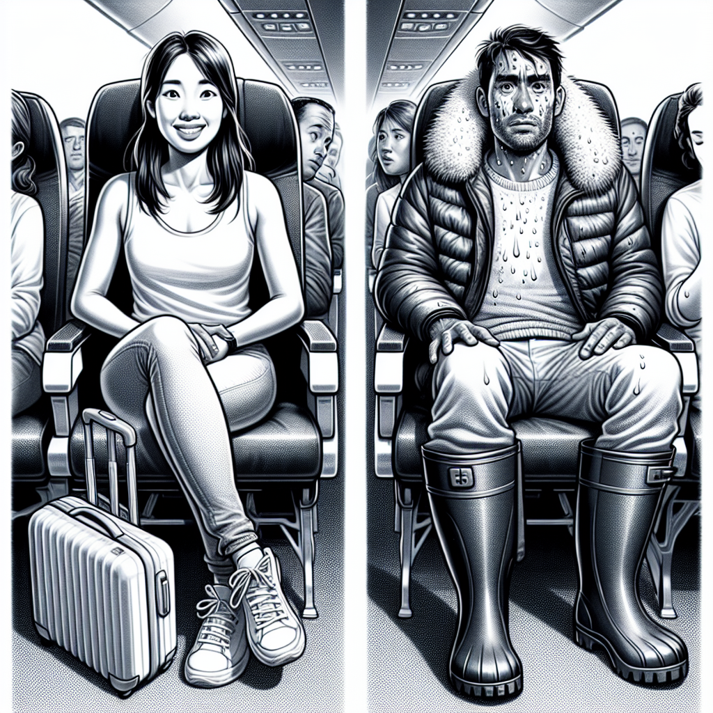 What to Never Wear on a Plane: Must-Know Tips Illustrate an image that depicts a scene happening inside an airplane. This scene should include passengers of different descents and genders. For instance, a South Asian female and Hispanic male might be sitting next to each other. The South Asian female might be wearing suitable travel attire – comfortable sneakers, light-weight jacket, and a pair of jeans, while the Hispanic male is wearing a heavy coat, tall rubber boots, and is holding a bulky metal suitcase on his lap, sweat beads forming on his forehead. Capture the contrast between their comfort level conspicuously, showcasing the advised vs. ill-advised clothing to wear on a plane trip.