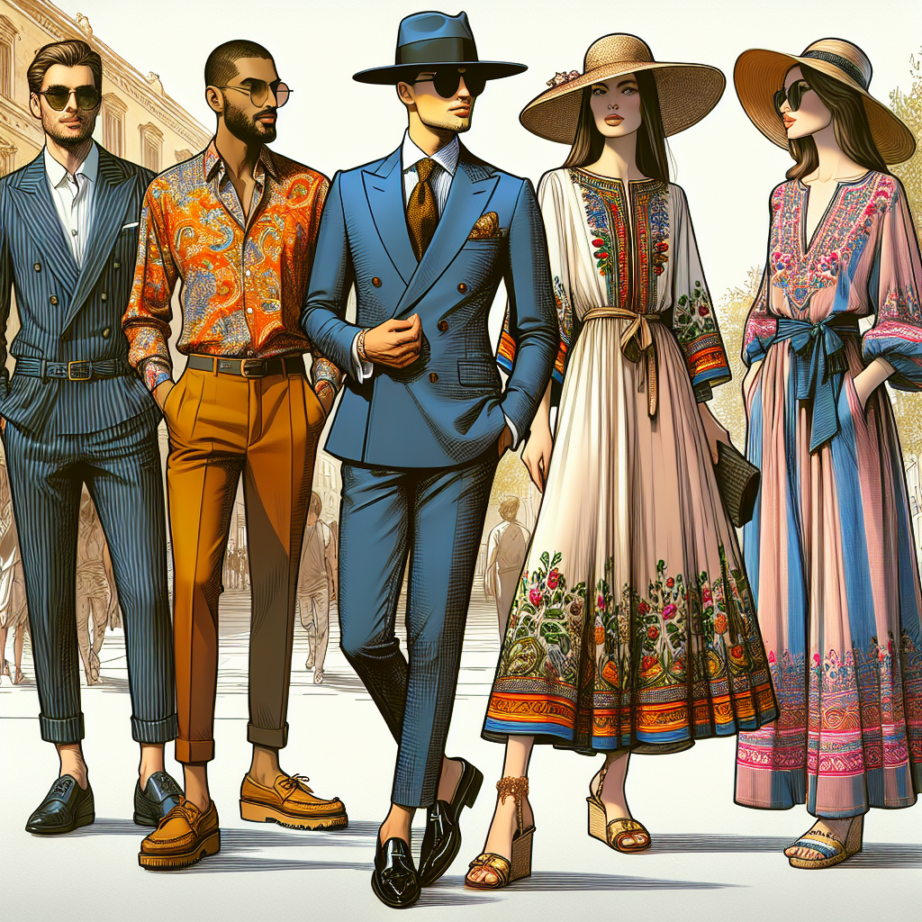 Visualize the street fashion scene on Good Friday with multiple individuals flaunting their best outfits. Picture a scene where there's a tall South Asian man adorned in a sleek, navy-blue, Italian-cut suit with stylish, shiny black brogues. Close by, imagine a Middle-Eastern woman who stands out in her beautifully embroidered knee-length dress, accessorized with tastefully chosen rose gold jewelry. Meanwhile, a Black man can be seen sporting a casual vibrant printed shirt paired with chinos and moccasins and a Caucasian woman elegantly dressed in a pastel flowing maxi dress accessorized with a straw hat and wedge sandals. The background radiates a warm spring vibe.