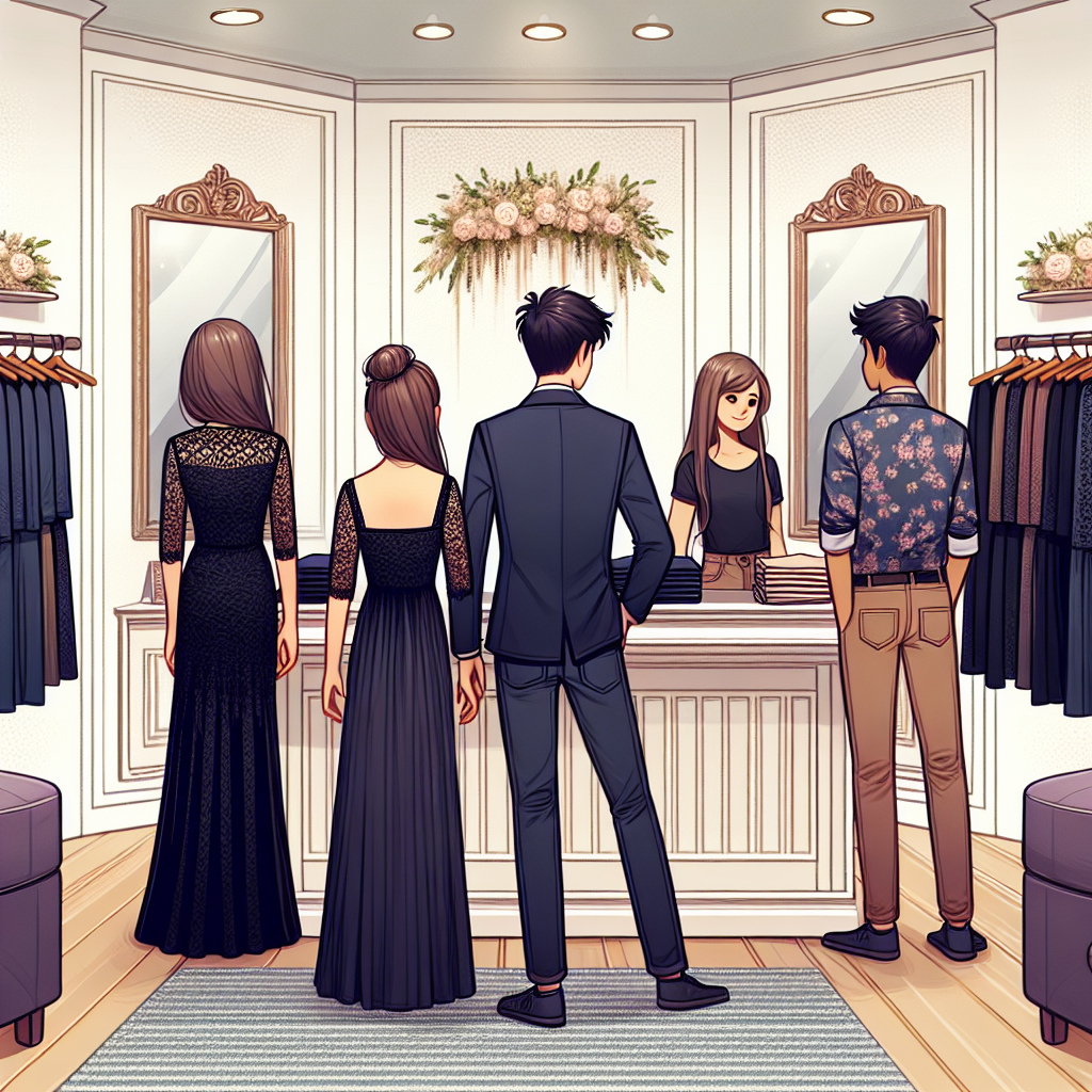 Stunning Outfits for Teen Funerals: Respectful & Chic Imagine a scene inside a boutique with three sections showcasing stylish yet respectful clothes suitable for teen funerals. In the first section, a South Asian girl is trying on a black A-line dress with delicate lace details. The second section shows a Middle-Eastern boy fitting a navy blue suit with a crisp white shirt. In the third section, a Caucasian teen of ambiguous gender is viewing a selection of muted-colored trouser outfits with floral prints. The decor throughout the boutique is elegant with soft lighting, and there's a mirror in each section for the teens to evaluate their outfits.