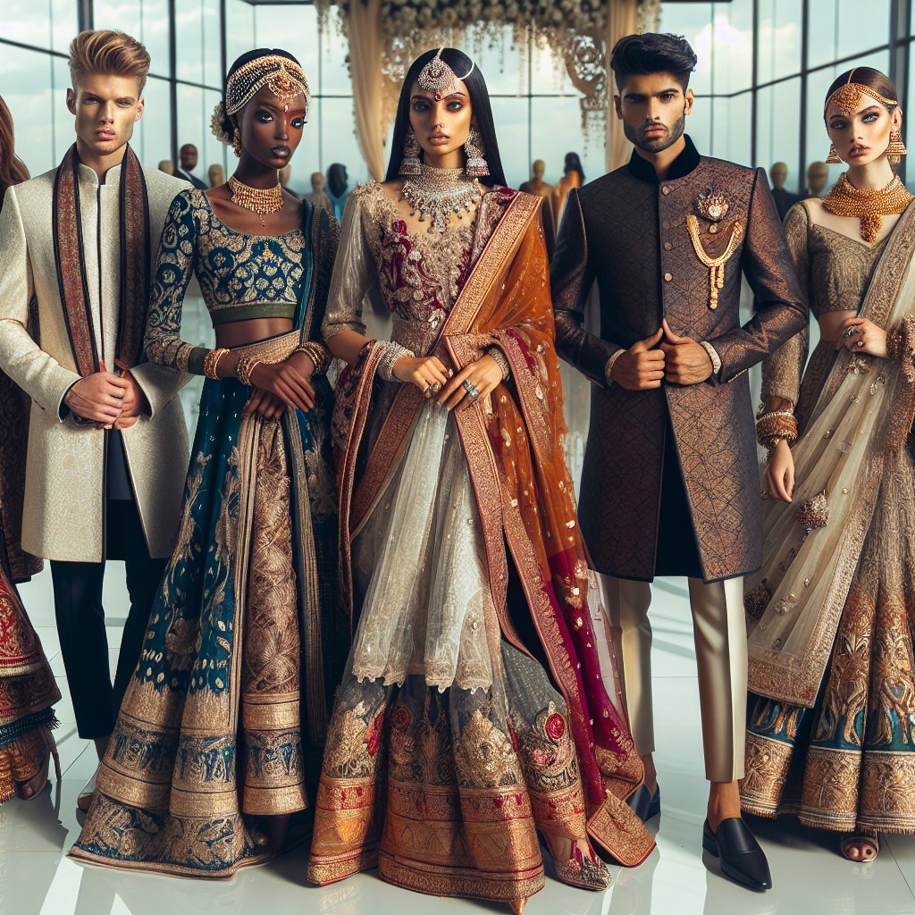 A diverse group of roka ceremony guests exhibiting must-see stunning and elegant styles. A Caucasian man is dressed in a fashion-forward sherwani, a Black woman wearing an opulent sari, a Middle-Eastern woman in a trendy lehenga set, an Asian man in a classic kurta ensemble, and a South Asian woman in a stylish Anarkali suit. Their outfits are rich in vibrant, jewel-toned colors and intricate embroideries, done on luxurious fabrics. The display also showcases splendid accessories like kundan jewellery, embroidered juttis, and traditional turbans, adding to the cultural richness and grandeur of the event.