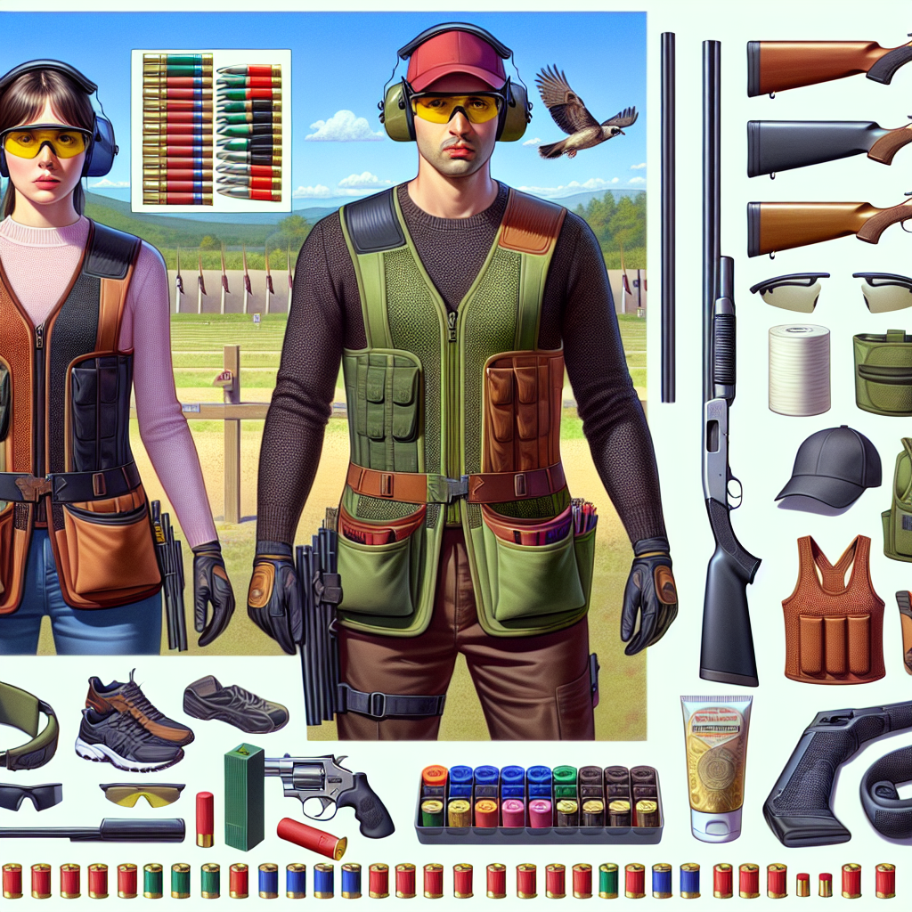 What to Wear to a Skeet Shoot: Must-Have Gear Guide Imagine a detailed and color-rich image that shows the must-have gear necessary for a skeet shoot. Picture a Caucasian woman wearing a padded shooting vest, protective eyewear, and over-the-ear noise-reducing headphones. Next to her, a Middle-Eastern man is equipped in a similar manner but with a different color vest and hat to shield from the sun. Both have shotguns safely sep by their side with emphasis on the safety catches being engaged. Kneeling next to them, an Asian woman showcases a variety of shotgun shells, safety gloves, and comfortable shooting shoes. The background is a shooting range under a clear sky.
