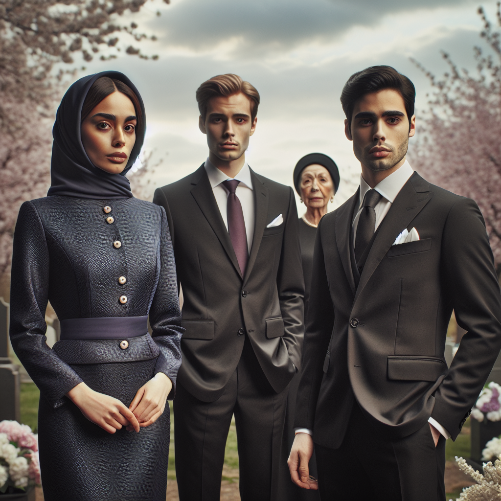 What to Wear to a Funeral in April: Elegant Essentials Picture a serene, springtime funeral scene. In the foreground, visualize an elegantly dressed group of diverse individuals. There's a Middle-Eastern woman wearing a tasteful, navy blue, knee-length dress with a matching headscarf, and a South-Asian man in a sharp black suit complemented by a deep purple tie. A Caucasian man is respectfully attired in a charcoal gray suit, and a Hispanic woman is wearing a polished yet simple black jumpsuit accessorized with pearl earrings. The sky is overcast, symbolizing a mood of solemn respect, while cherry blossom trees in the background hint at the renewal of spring.