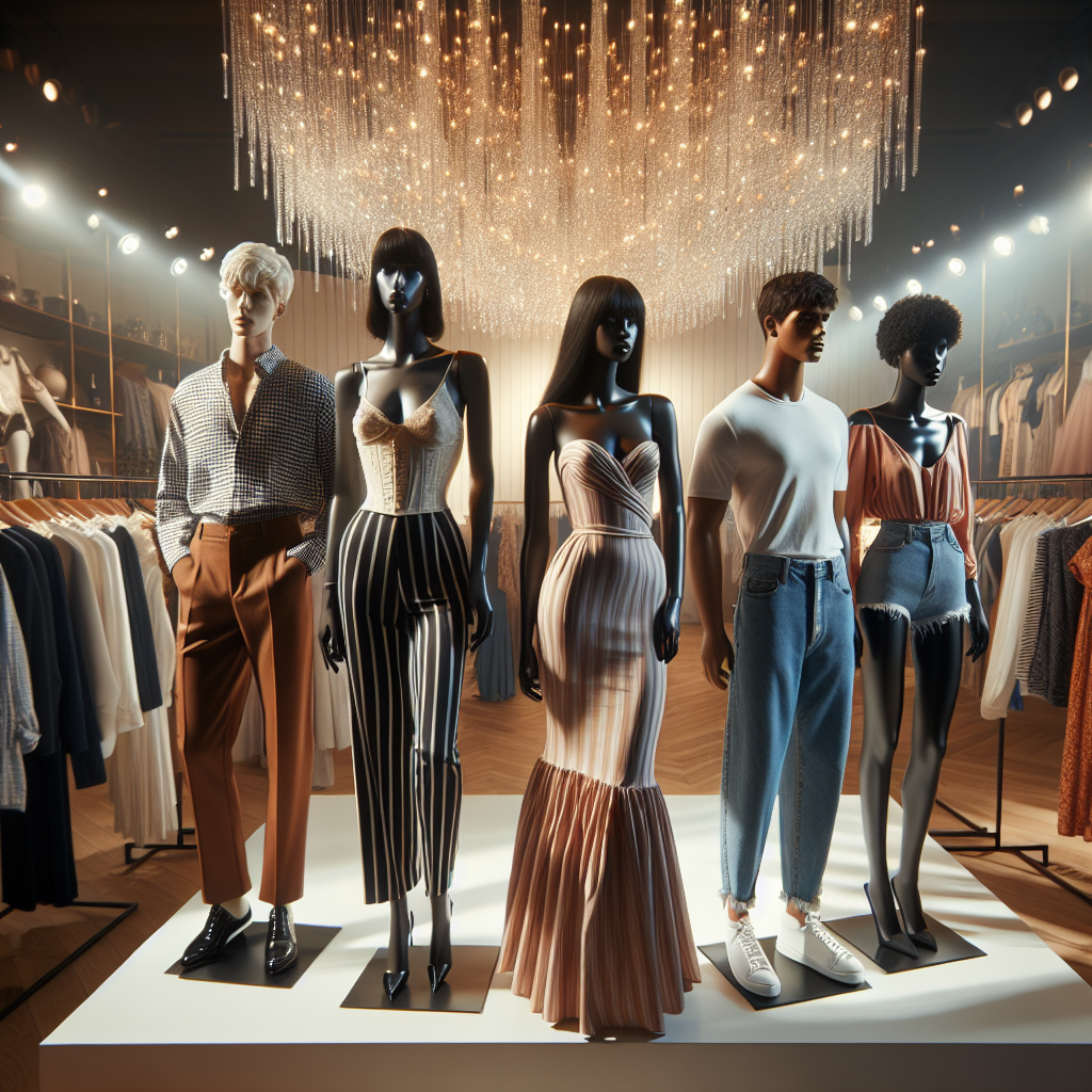 Flatter Your Figure: Must-Have Styles for Big Tummies An inclusive fashion extravaganza showcasing must-have styles perfectly suited for people with bigger tummies. Assume the scene unfolds at a high-end boutique filled with radiant lights. A range of diverse mannequins representing an array of body figures: a Caucasian female wearing an elegant high-waist skirt paired with a form-fitting top, an Asian male donned in a relaxed fit flannel shirt and straight-leg pants, a black woman distinctive in a wrap dress highlighting her indisputable grace, a white male personifying coolness in his vertical stripe shirt with classic jeans. Also, hope to visualize other body-flattering clothes on racks or display stands.