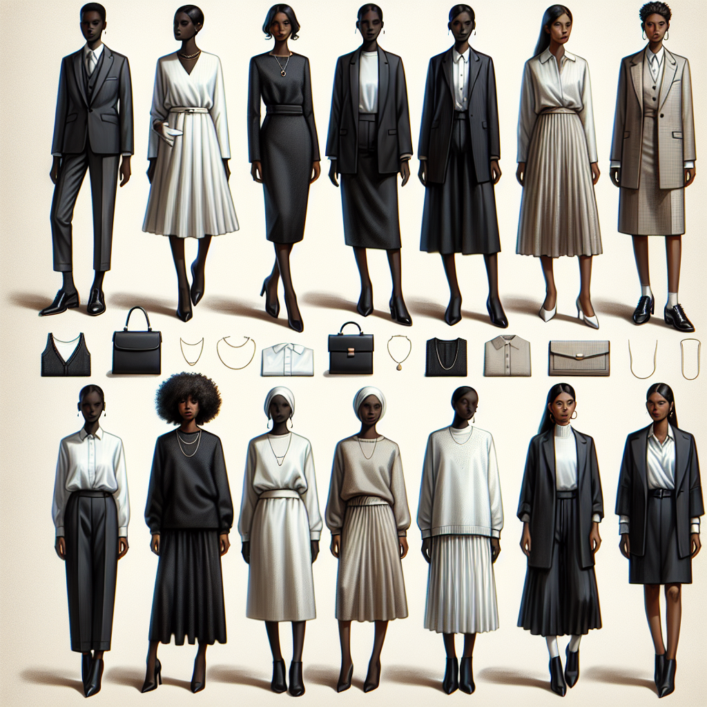 An array of elegantly understated outfits suitable for a funeral or cremation ceremony. Show a range of clothes, combining modest dresses, tailored suits, and chic, monochromatic ensembles. Include discreet accessories such as a simple chain necklace or a classic watch. Demonstrate an emphasis on darker color palettes featuring blacks, deep blues or grays. Incorporate a brief display of some softer muted attire for those preferring not to wear black. Women's clothing can be showcased by a black woman and a woman of Middle-Eastern descent, while men's clothing by a white man and a Hispanic man, all having a serene, respectful demeanor.