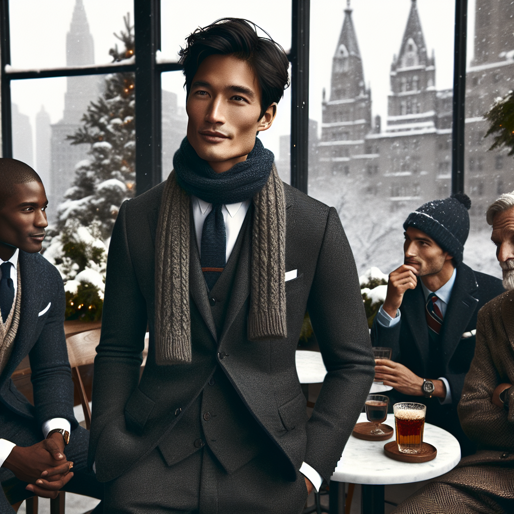 What to Wear to a Conference: Chic, Effortless Winter Styles Craft a lively, winter-themed scene at a professional conference, brimming with stylish attire. Visualize a middle-aged, Hispanic woman elegantly dressed in a sleek, charcoal-grey business suit, complemented by a cashmere scarf in muted tones. Nearby, a young, black man sports a smart, navy blue blazer over a crisp, white shirt, paired with a knitted tie and dark denim. Further away, an elderly, South Asian gentleman wears a tweed sport coat with dress pants, keeping warm with a tartan woolly hat. The setting completes with snowy exteriors visible through large windows, and attendees sipping on warm beverages.