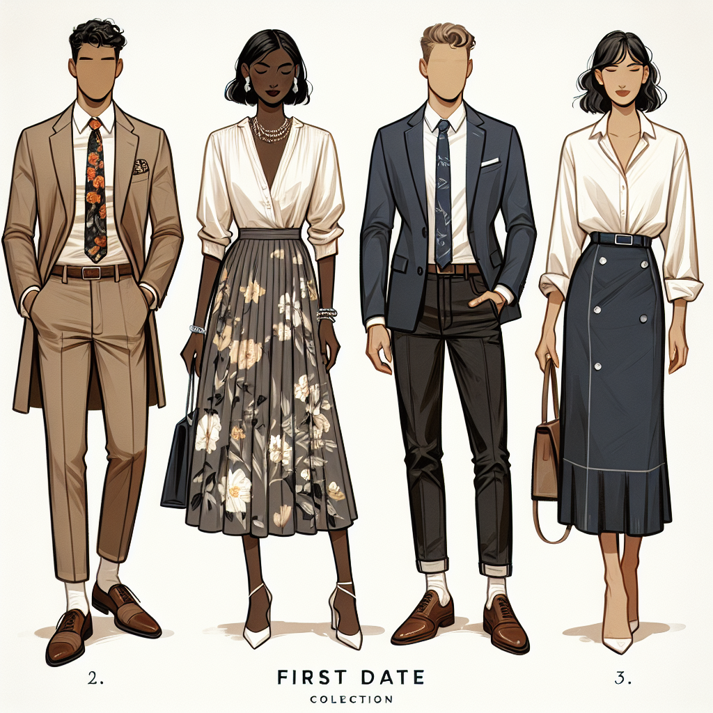 Display an array of first date outfits exemplifying effortless elegance for people in their 40s. The collection should include: 1. A tailored suit for a Caucasian man with a floral tie; 2. An A-line midi dress paired with statement jewelry for a Black woman; 3. A white shirt with dark jeans ensemble for an Asian man; 4. A blazer with a silk blouse and pencil skirt for a Hispanic woman. Each outfit should reflect modern trends alongside classic styles, evoking a sense of sophistication suitable for the age group.