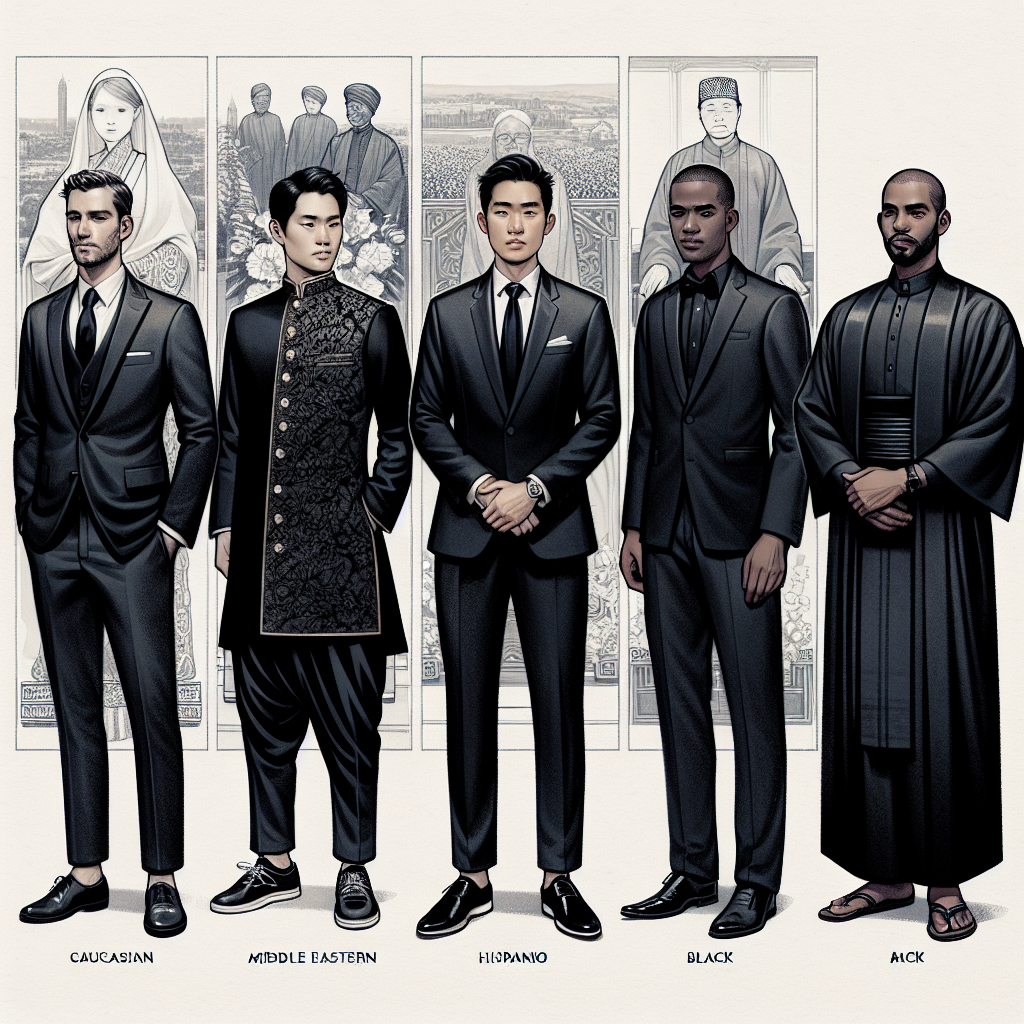 Dress Smart: Essential Guide to Men’s Funeral Attire A detailed visual guide on men's funeral attire done in an informative and respectful style. Focus on a Caucasian man dressed in a well-tailored black suit and tie, a Middle Eastern gentleman in a dark sherwani, a Hispanic individual in a subdued barong tagalog, a Black man wearing a traditional black tuxedo, and an Asian man donning a black kimono. All are standing in a semi-circle, each representing their distinct culture and traditions, while maintaining a common thread of solemnity and respect often associated with funerals. Think of this as a global guide to funeral fashion etiquette.