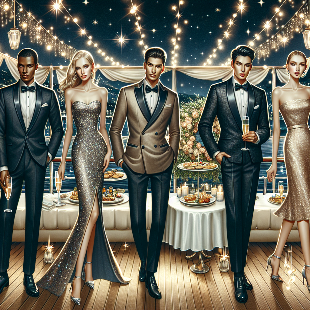 Stunning Night Boat Party Outfits to Impress Fashion display set on an exquisitely decorated boat sailing under the starlit night sky. Depict various elegant party outfits designed to impress. Show a Black man in a sleek tuxedo, a Caucasian woman in a shimmering cocktail dress, a Hispanic man in a stylish suit, and a South Asian woman in a sophisticated jumpsuit. Include details such as twinkling fairy lights, glasses of champagne, and beautifully arranged hors d'oeuvres on tables. Convey the atmosphere of luxury, glamour, and festive celebration.
