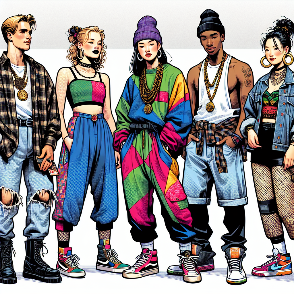 A visual illustration revolving around 90s fashion style, portraying four individuals dressed in typical 90s attire. On the far left, a Caucasian male dons a grunge look with a flannel shirt, ripped jeans, and a pair of black combat boots. Next to him, a Black female exhibits hip-hop fashion with a colorful tracksuit, chunky earrings, and classic sneakers. In the middle, a Hispanic male is sporting baggy jeans, an oversized t-shirt, and a beanie to add flair to the skateboard culture. Lastly, a South Asian female on the far right showcases pop culture with a denim jacket, high waisted shorts, a cropped tank top, a pair of hoop earrings, and platform shoes. The background is a lively party scene capturing the spirit of the 90s.