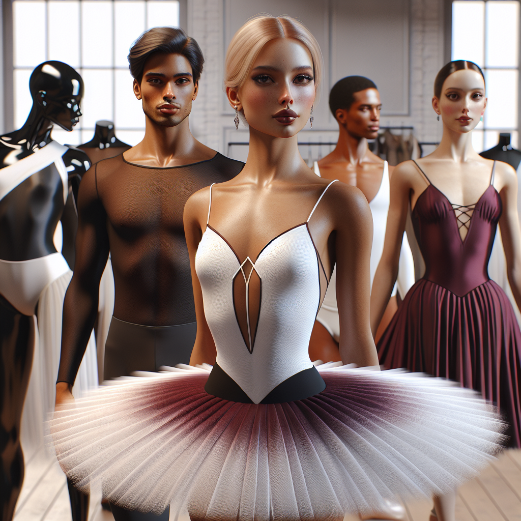 Stunning Outfits for Ballet: Dress to Impress A visually appealing clothing showcase for ballet dancers. Include multiple outfit options. The first outfit is a pristine, white tutu worn by an African-American female dancer. The second ensemble consists of a sleek, figure-hugging black leotard worn by a Hispanic male dancer. The third outfit showcases an elegant, free-flowing burgundy skirt, paired with a matching bodice worn by a Middle-Eastern female dancer. All outfits should embody a blend of traditional ballet elegance and modern creativity. The background is a well-lit dance studio with mirrored walls and a polished, wooden floor.