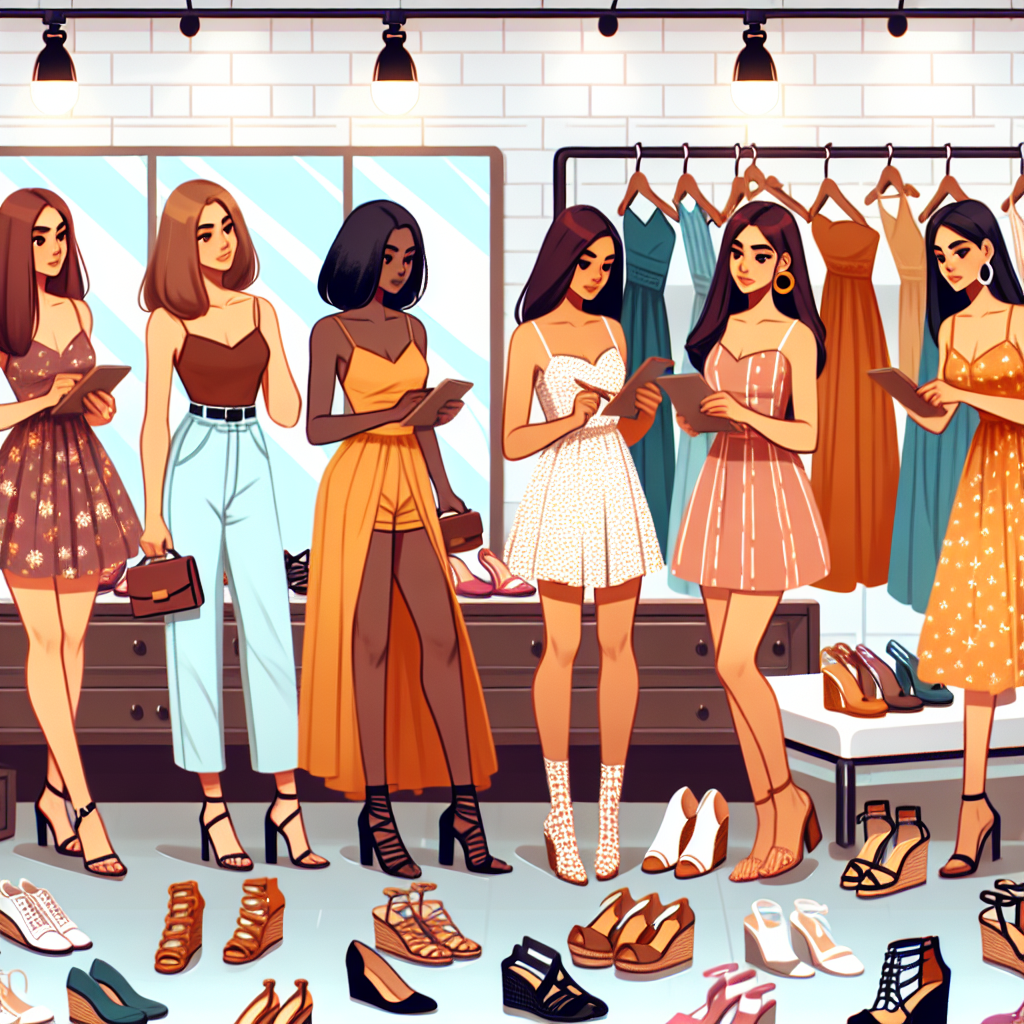 Stunning Sundress Shoes: Find Your Perfect Match Illustrate a diverse range of women of varying descents such as Caucasian, Black, Middle-Eastern, South Asian, and Hispanic trying on different styles and colors of sundress shoes in a chic shoe store. Capture their excitement as they find pairs that perfectly match their unique sundresses. Include varied shoe styles such as strappy sandals, wedge heels, and cute flats. The setting should convey a lively atmosphere with bright lighting, organized shoe racks, and mirrors for the customers to see their full outfits.