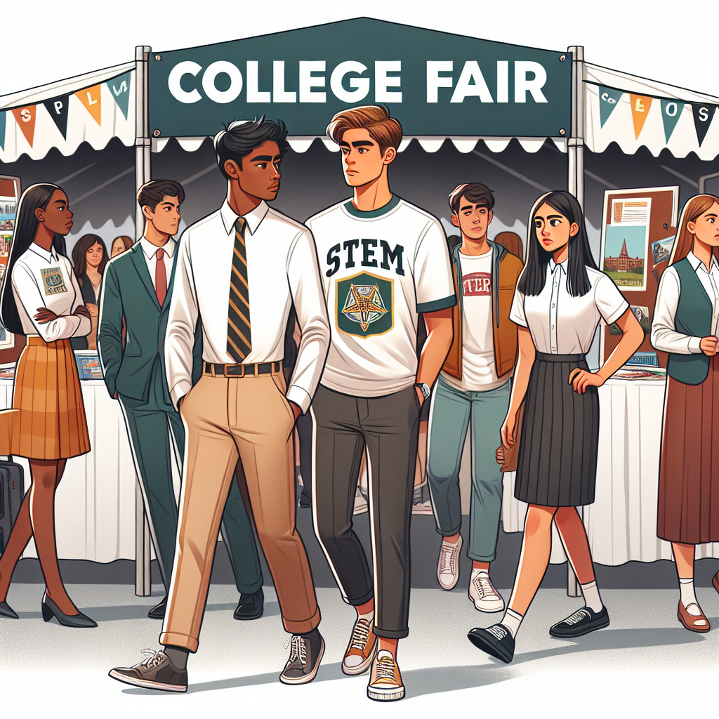 What to Wear to a College Fair: Exclusive Guide An informative scene showing a college fair happening under a large white marquee. A multicultural group of anxious students approaches the fair, dressed appropriately for the occasion. A Middle-Eastern boy wears khaki trousers, a shirt, and a neat blazer with a college logo. A white girl is wearing smart business casual attire like a blouse and pencil skirt. A Hispanic boy has chosen a STEM-themed graphic T-shirt with casual pants and neat sneakers. A black girl is confidently rocking a semi-formal dress and comfortable shoes. University banners and college brochures are prominently visible in the background.