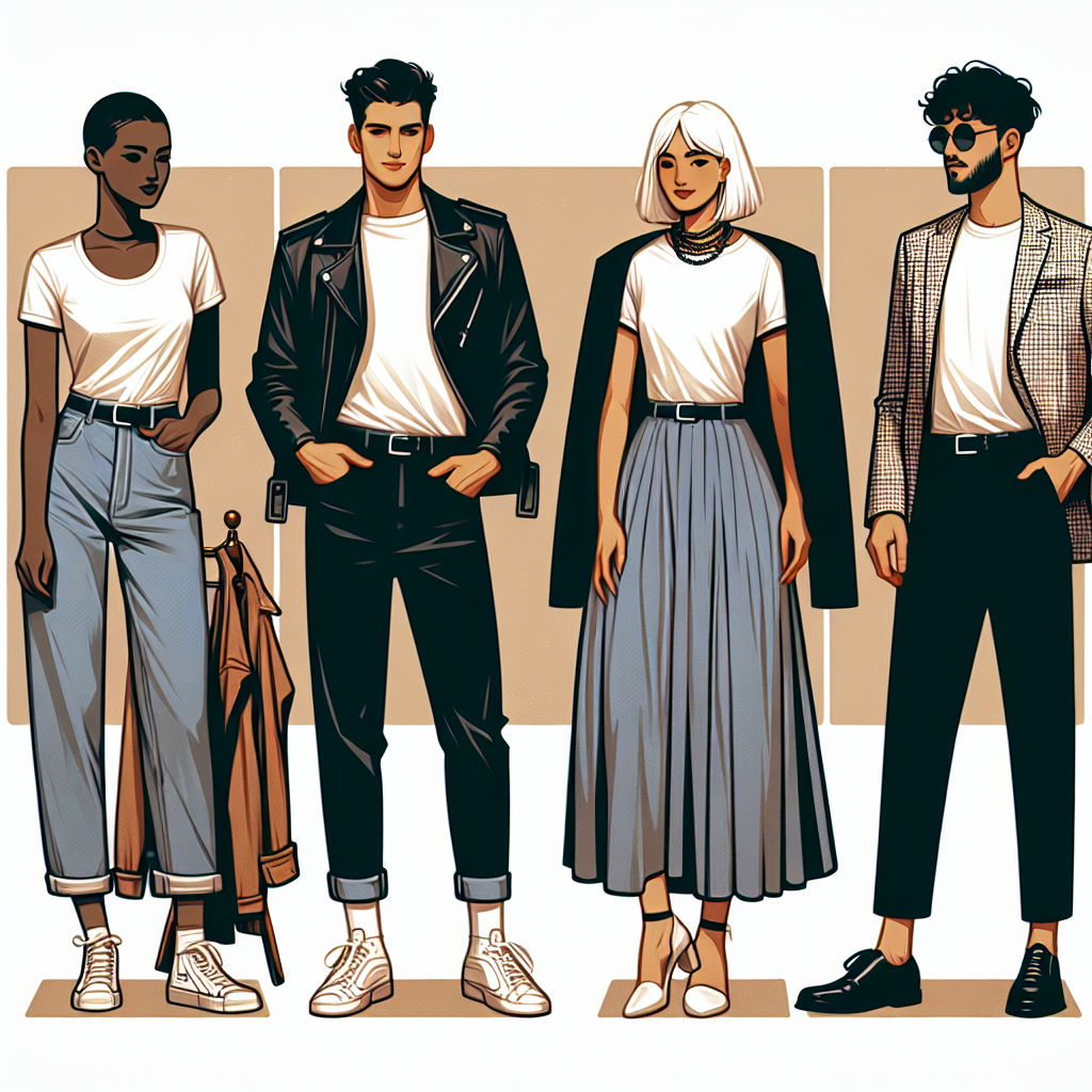 Visually illustrate the top must-have fashion styles to pair with a classic T-shirt. The scene features four individuals wearing T-shirts paired with different outfits. The first person, a Black woman, is wearing her set with high-waisted jeans and a leather jacket. A Caucasian man next to her is flaunting a bold look with his T-shirt, skinny jeans, and a checkered blazer. A third character, a South Asian woman, is pairing her T-shirt with a maxi skirt and a chunky necklace. Finally, a Middle-Eastern man is seen wearing his T-shirt with a pair of tailored trousers and a linen blazer.