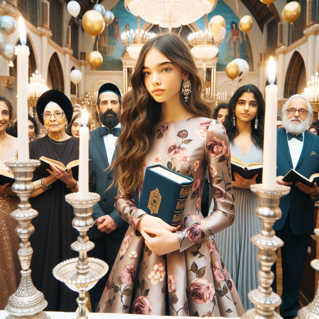 Must-Have Styles for a Bat Mitzvah Synagogue Event Visually interpret an elegant and joyous Bat Mitzvah ceremony from a traditional synagogue perspective. The focus would be on must-have styles and trends. Adorned in a beautiful floral-printed dress, a young Ashkenazi Jewish girl holding a Torah as she stands by the Bimah. Surrounding her, a mixed crowd of South Asian women and Middle Eastern men standing, some holding Siddurs. They are elegantly dressed in contemporary attires that blend modern fashion with traditional Jewish elements. The synagogue is decorated with colorful balloons, tall silver menorahs, and soft, warm ambient lighting that signifies the celebratory nature.