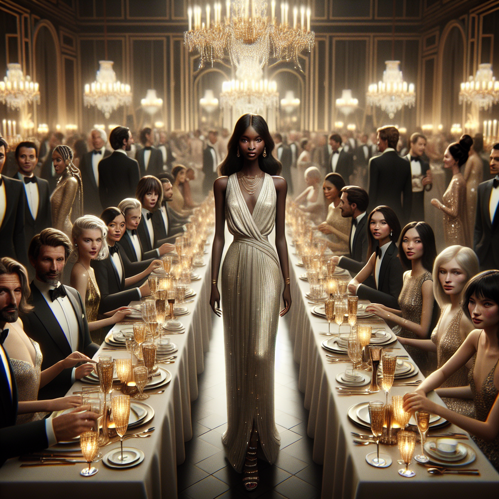 Visualize a high-class, philanthropic evening gathering. The scene is set with a grand room adorned with glittering chandeliers and tables arranged with fine china. Women and men of various descents, Caucasian, Hispanic, Asian, Middle-Eastern, and Black attend the event, exuding the epitome of effortless elegance. Every woman wears a chic, flowing gown and the men are in polished, well-tailored tuxedos. Their accessories glint under the chandelier light, exemplifying tasteful opulence. The atmosphere radiates with the spirit of charity and sophistication, encapsulating the essence of a stunning charity event.