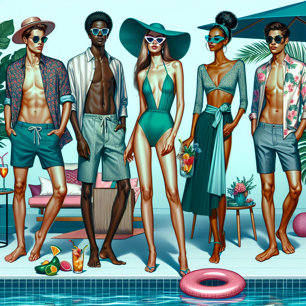 Stunning Pool Party Outfits: Effortless Style Guide A vibrant scene illustrating the concept of a stylish pool party. The composition includes a group of fashion-forward individuals of diversified descents and genders. A Caucasian woman dons a sea-green bikini, cover-up, wide-brimmed hat and sunglasses, whilst an African-American man is wearing swim trunks and a floral shirt. A Middle-Eastern woman is in a fashionable one-piece swimsuit with a sarong, and an Asian man in sleek board shorts and a cool tank top. They are gathered in a beautifully decorated pool area with tropical plants, pool floats, and a refreshment table filled with summer drinks.
