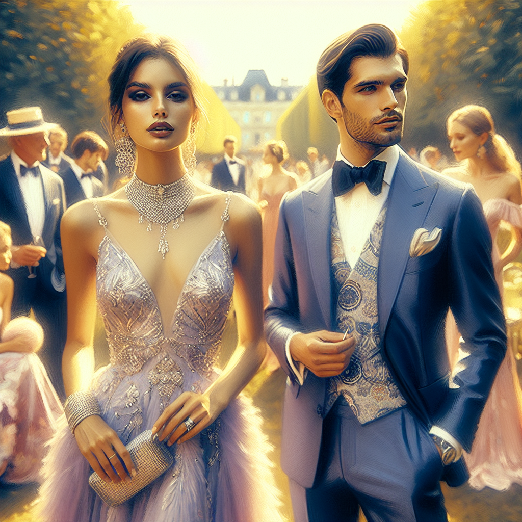 Stunning Confirmation Guest Outfits: Effortless Style Visualize an elegant garden party scene, drenched in golden afternoon light. Foreground two guests, a woman of Middle-Eastern descent in a glamorous, pastel purple gown complemented by silver accessories and a man of Hispanic descent sporting a dapper navy blue suit with a silk pocket square. They both carry an air of effortless sophistication and style. To the sides, slightly blurred in the backdrop, observe other guests mingling, showcasing a variety of stylish and tasteful outfits, adding vibrant colors to the tranquil setting. Enhance the image with a touch of vintage charm characteristic of Impressionist era.