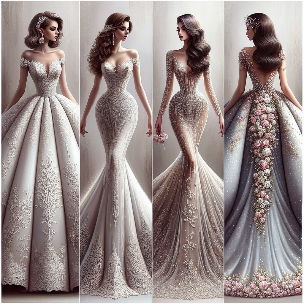 Imagine an array of stunning formal wedding dresses. The first is a grand ball gown with intricate lace detailing and a long, sweeping train, perfect for a Caucasian bride. The second is an elegant mermaid dress, adorned with delicate beadwork that glistens in the light, designed to beautifully accentuate a Middle-Eastern bride's silhouette. On the end, we see a unique A-line dress with floral appliques softly cascading down the skirt, ideal for an Asian bride. All the dresses have been carefully crafted to bring out the beauty of each bride, helping them find their perfect fit for their special day.