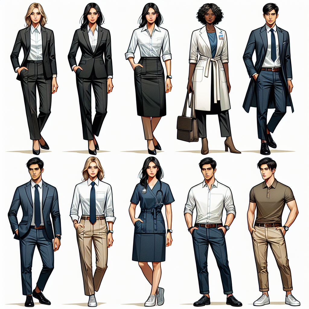 Depict a stunning collection of various professional outfits suitable for a hospital interview scenario. The first outfit could be a sharp and tailored suit worn by a Caucasian woman. The second outfit might be a neat buttoned-up white blouse with black trousers on a middle-Eastern man. The third outfit could be a sophisticated blazer and skirt combination worn by a black woman. The fourth outfit could be a relaxed yet professional polo-shirt and khaki pant ensemble worn by an Asian man. These should convey an effortless yet smart choice for hospital interviews.