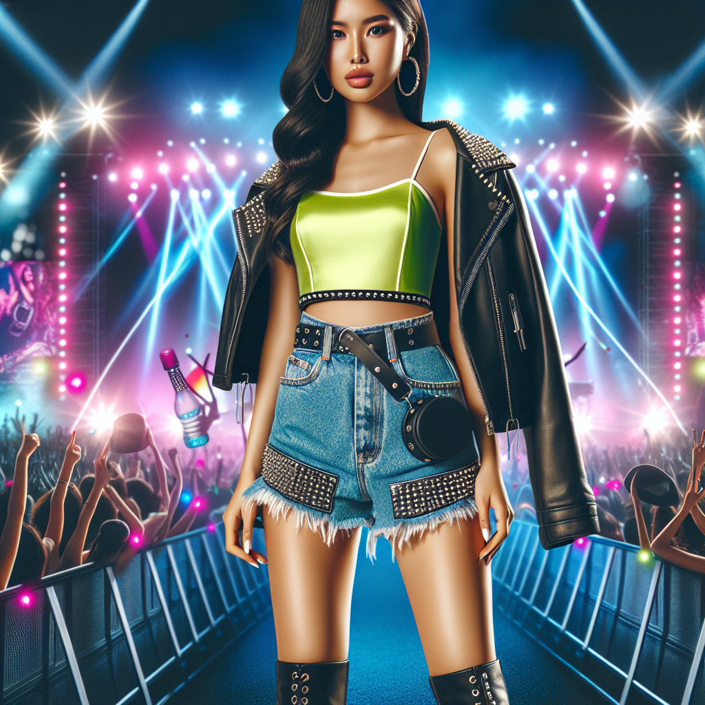 Create a vibrant and trendsetting scene of a concert-goer ready for an electronic pop music concert. Depict a South Asian woman in her mid-20s dressed up for a night at a concert. She should be wearing contemporary, edgy clothes &ndash; a neon crop top, high-waisted denim shorts, studded boots, and a black leather jacket. The background should be filled with bright concert lights, a colorful crowd of fans, and music symbols. The focus should be on the expressive and chic style suited for energetic and lively music concerts.