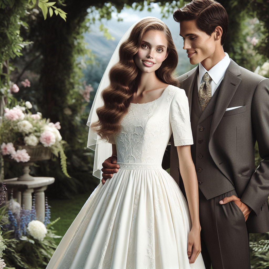 Imagine a serene wedding scene depicting two people dressed in traditional Mormon wedding attire. The woman is wearing a modest, precisely tailored white wedding dress, replete with delicate lace detailing on the bodice and a lovely train gracefully extending from the back. She is Caucasian, with beautiful soft curls and a radiant smile. The man, of Hispanic descent, sports an elegant three-piece suit in muted charcoal, paired with a crisp white shirt and a subtly patterned tie. They are standing under a floral archway in a lush garden, entranced by the palpable feeling of contentment stemming from their commitment.