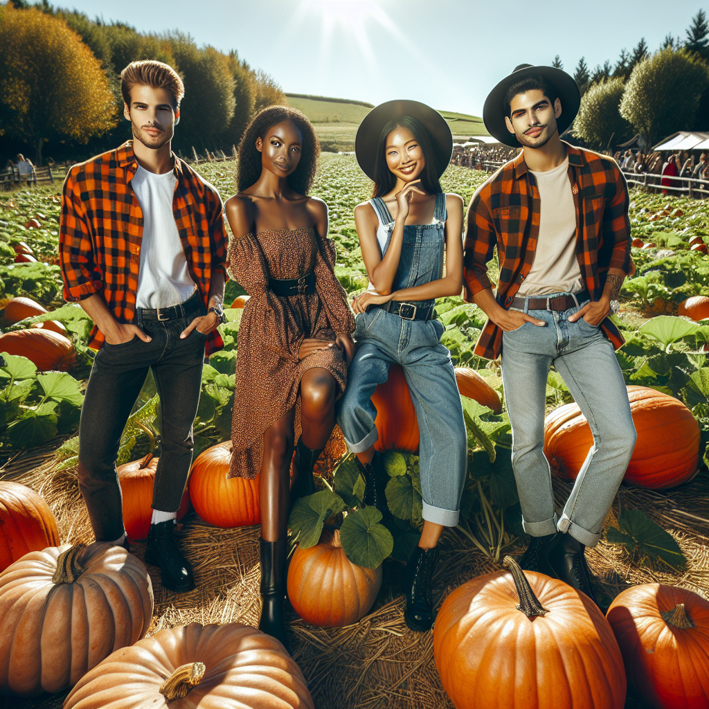 Stunning Outfits for Pumpkin Patch Fun in the Sun Picture a bright, sunny day at a picturesque pumpkin patch. The air is crisp and fresh, the sky is blue, and the vibrant orange pumpkins playfully pop amidst a sea of emerald green leaves. Now, visualize a group of four individuals of varied descents. A confident Middle-Eastern man in stylish autumn clothing, a high-spirited Black woman in a chic sun dress, a cheerful Caucasian female donned in trendy plaid, and a lively South-Asian male in fashionable jeans and a shirts. Each one of them is posing upon the charming pumpkin patch, perfectly illustrating the spirit of fall fashion.