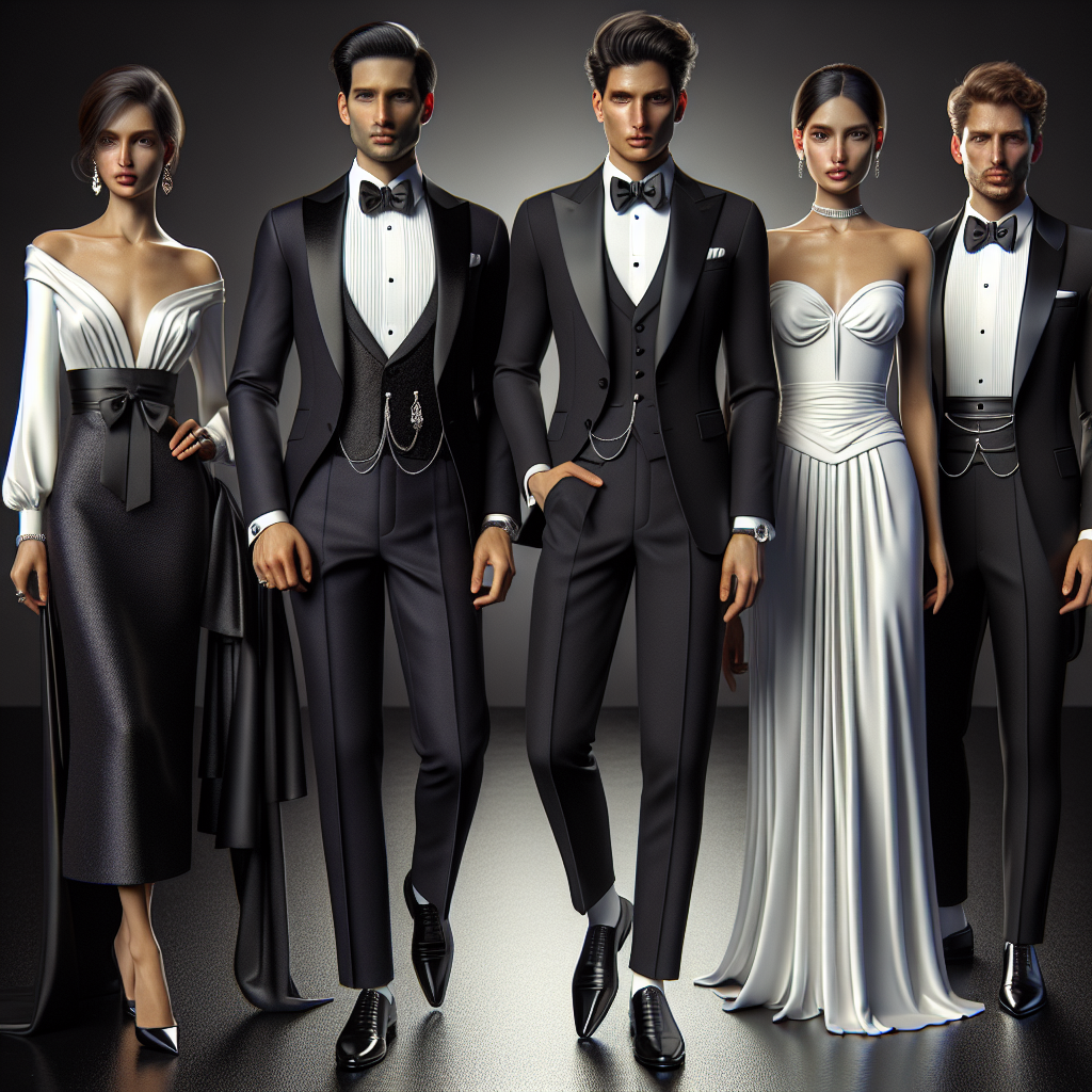 Stunning Black Tie Outfits for Effortless Elegance Visualize a scene featuring a variety of elegant black tie outfits designed for a special occasion. This includes a sophisticated tuxedo worn by a South Asian man, a sleek dinner jacket modelled by a Hispanic female, and a refined waistcoat outfit showcased by a Middle-Eastern person. The outfits are made from high-quality materials and attention to details such as polished cufflinks, silk pocket squares, and bow ties, amongst other accessories. All models are styled with an air of effortless grace and charm, perfectly suited to a classically themed Black Tie event.