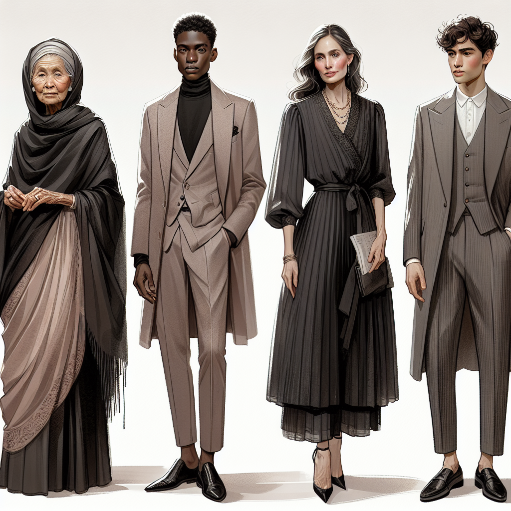 Stunning Outfits for a Wake: Effortless Elegance Illustrate an array of distinct yet harmoniously curated outfits suitable for a wake or memorial event, emphasizing the theme of effortless elegance. Include four different individuals: an elderly South Asian woman wearing a modest, draped garment; a young Black man dressed in a muted, well-tailored suit; a middle-aged Hispanic woman in a sophisticated dress with a classic cut; and a youthful Middle-Eastern man clad in a refined and minimalist ensemble. Each outfit should convey respectfulness through soft, dark tones, while also showcasing individual style and character. The background should be soft and muted, focusing attention on the outfits.