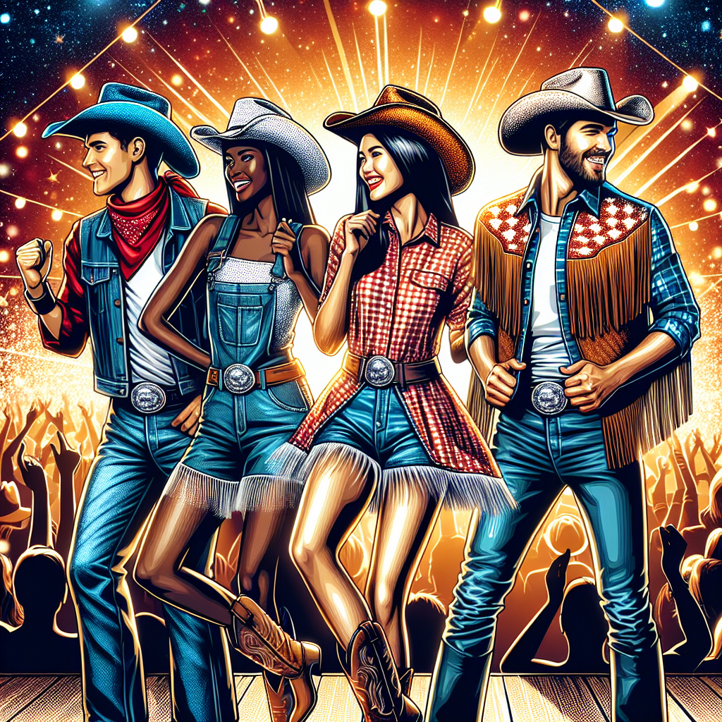 A lively and vibrant image that encapsulates the essence of country concert fashion. Show four individuals of different descents; South Asian male, black female, Caucasian male, and Hispanic female. They are all wearing iconic country-style outfits. Highlight the key features: Cowboy boots, wide-brimmed cowboy hats, denim jeans, checkered shirts, and fringe jackets. The backdrop is a lively country concert under the twinkling evening sky. The scene is energetic with people jovially clapping and swaying to strumming guitars and the warmth of their camaraderie radiates through the image, setting the atmosphere of a fun country concert.
