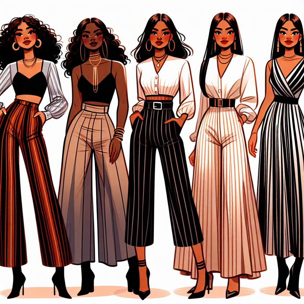 Elevate Your Look: Must-Have Styles for Short Women An illustrative composition showcasing five must-have styles for short women looking to elevate their fashion game. Let's visualise a Black woman in a high-waist A-line skirt paired with a crop top, a Middle-Eastern woman flaunting an empire waist dress, a Hispanic woman rocking ankle-length trousers with a tucked-in blouse, a South Asian woman donning a V-neck top with flared pants, and a Caucasian woman wearing a maxi dress with vertical stripes. Their confident expressions and poised attitudes are as essential to their styles as their outfits.