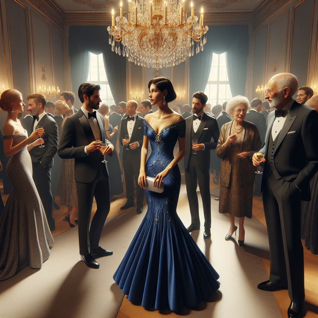 Imagine a room bathed in the warm glow of a grand chandelier. It's an evening recital and guests, clad in their best, are pouring in. In the center, there's a middle-aged woman, of South Asian descent, wearing a form-flattering royal blue gown, accessorized with a silver clutch and matching jewelry. A few paces away, a young Hispanic man in a stylish black tuxedo is chatting with an elderly Caucasian man in a traditional three-piece suit. Around them, mingle guests of varying ages, genders, and descents, their outfits reflecting a blend of timeless elegance and contemporary fashion.