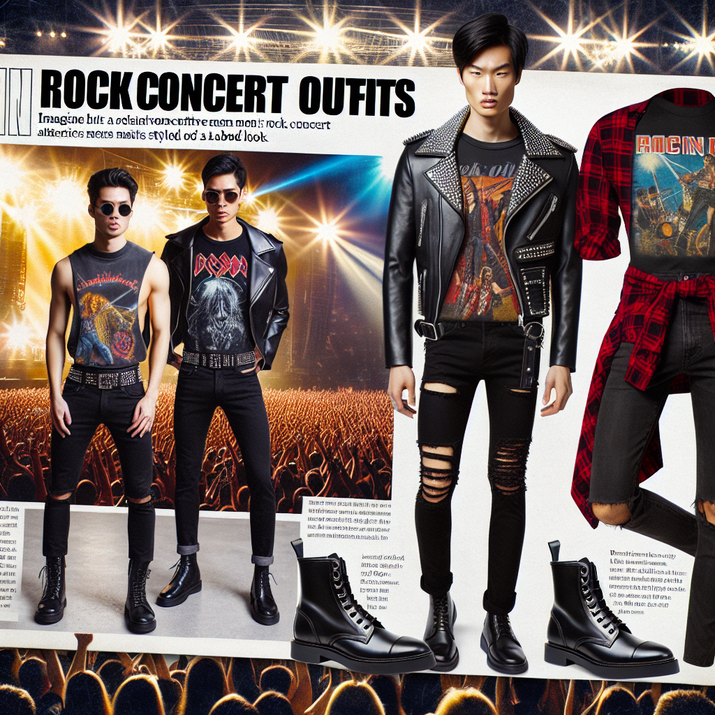 Rock Concert Outfits: Stunning Men's Guide for a Bold Look Imagine a guide for men's rock concert outfits styled for a bold look. Picture the first page, with a flashy headline integrated into a themed montage. Centrally placed is an Asian man in a black leather jacket with silver stud detailing, worn over a distressed graphic tee. On one side, a Hispanic man rocks black skinny jeans paired with a vintage band t-shirt shouting out rock 'n roll culture. Adjacent to him, an edgy Middle Eastern man dons a red plaid flannel around his waist coupled with combat boots. The extravagant aura of these alternative styles is emphasized by a background of an electrifying concert crowd beneath radiant stage lights.