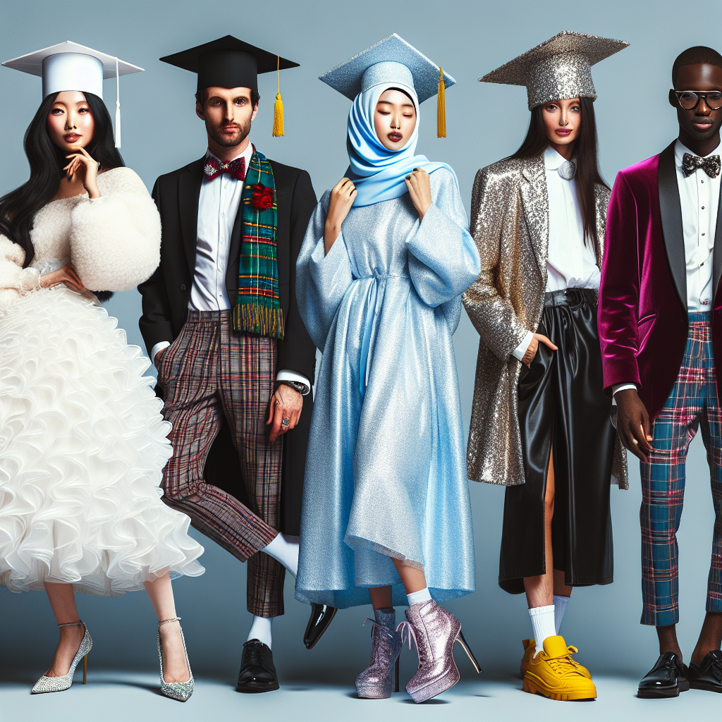 Aesthetic image concept where you can see a graduation celebration. A mix of different people embracing their unique styles for the occasion. An East Asian woman is wearing a fashionable, white, voluminous graduation gown and a hat with a tassel, paired with shiny, black stiletto heels. To her right, a Caucasian man in a traditional dark suit, replacing the tie with a tartan bowtie, and getting funky with bright yellow sneakers. Next is a Middle-Eastern woman who has mixed her sky-blue gown with a glittering silver hijab and matching sneakers. Lastly, a Black man wearing a burgundy velvety blazer over his graduation robe and a pair of black loafers.